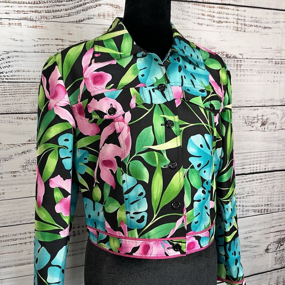 Vtg Maggy London Blazer Jacket Size 12 Neon Tropical Floral 100% Silk Cropped